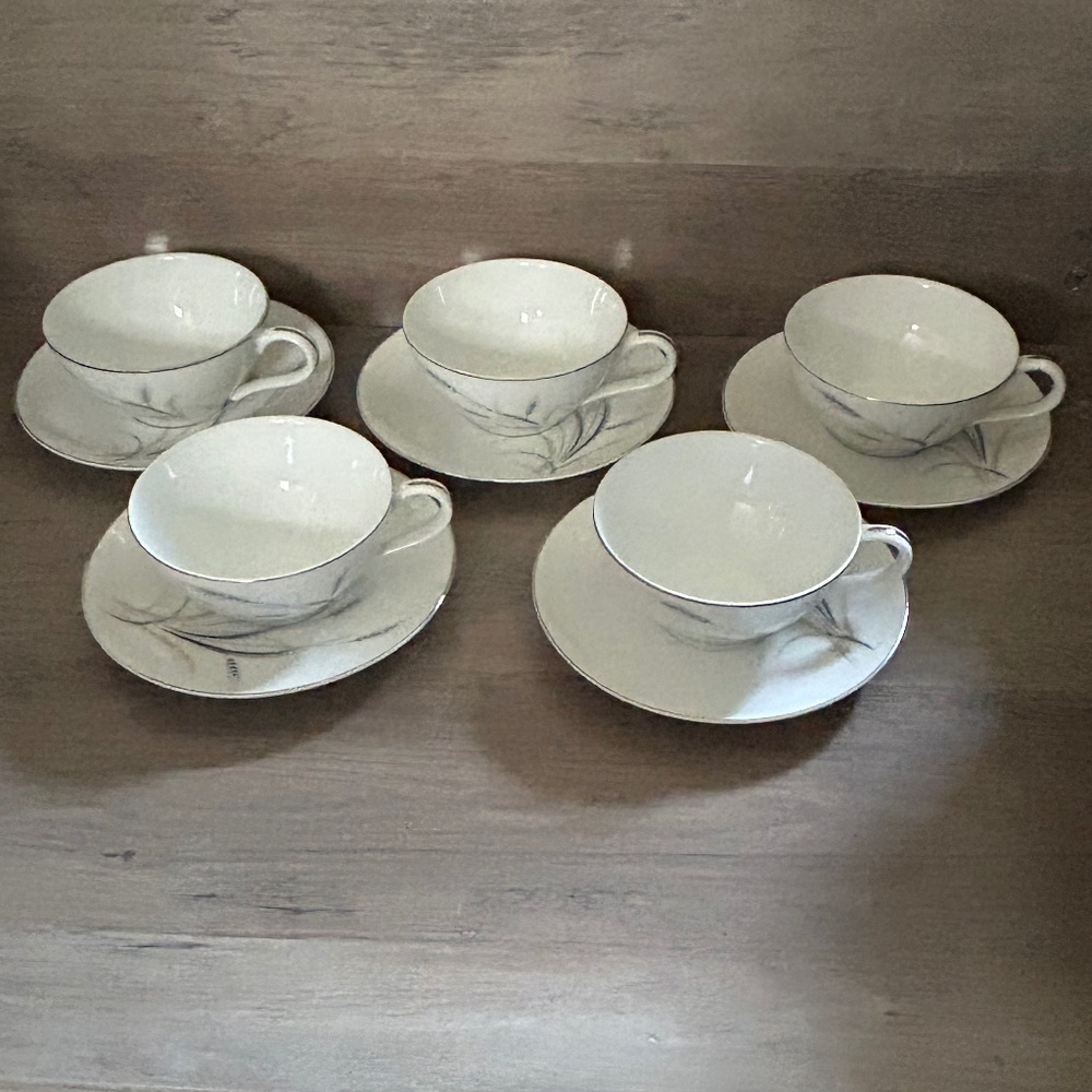 Set Of 5 Vintage Kaysons Cup & Saucers Made In Japan Silver Rhythm Wheat Pattern